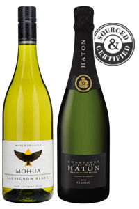 Two wine bottles, Mohua Sauvignon Blanc and Haton Champagne, with certification seal.