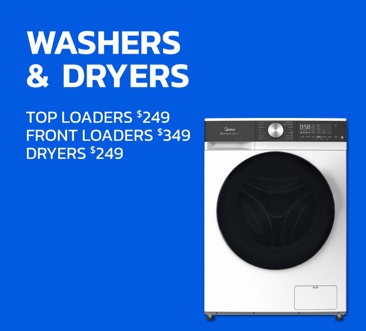 Washers and dryers with pricing details on a blue background.