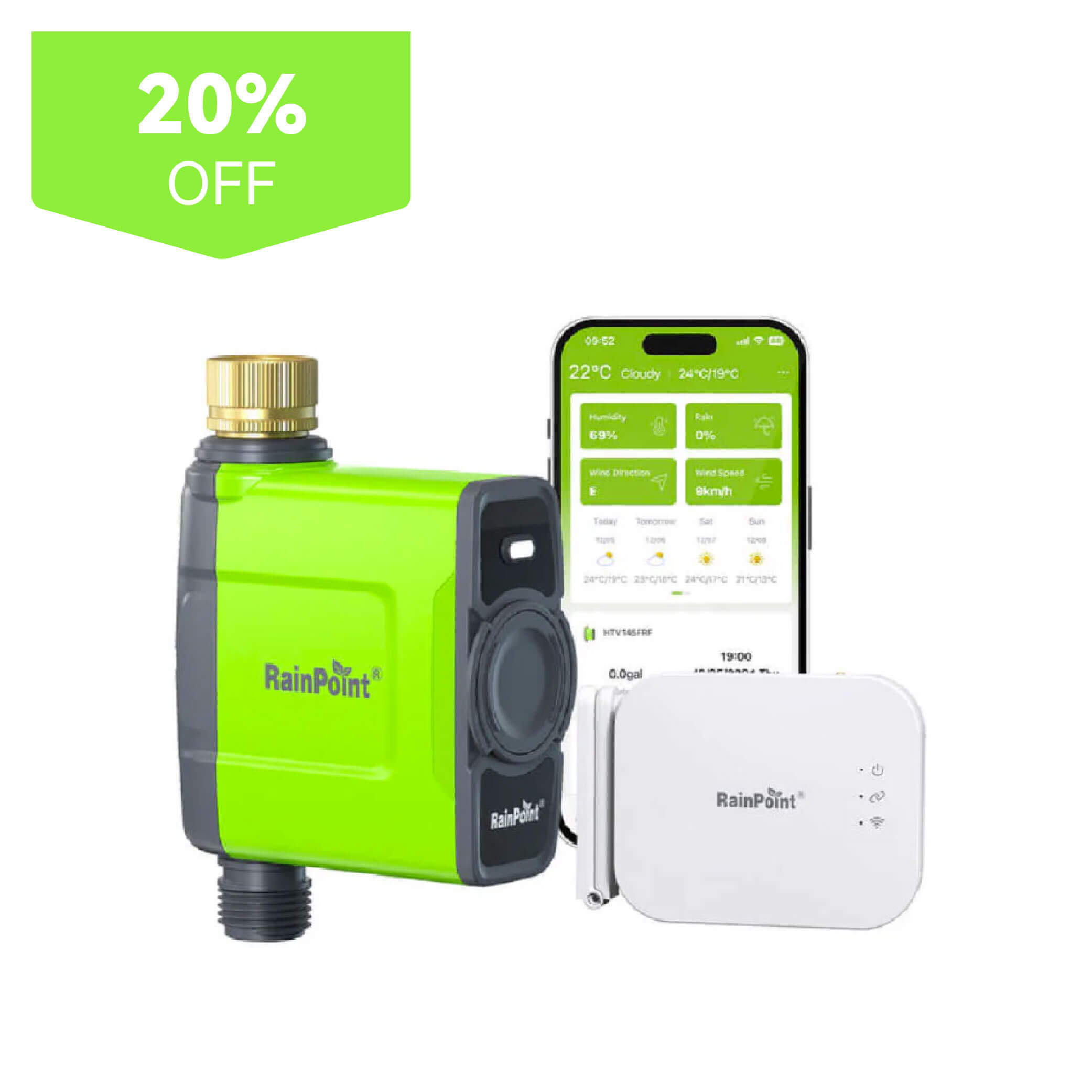 Smart irrigation system with smartphone app and discount banner.
