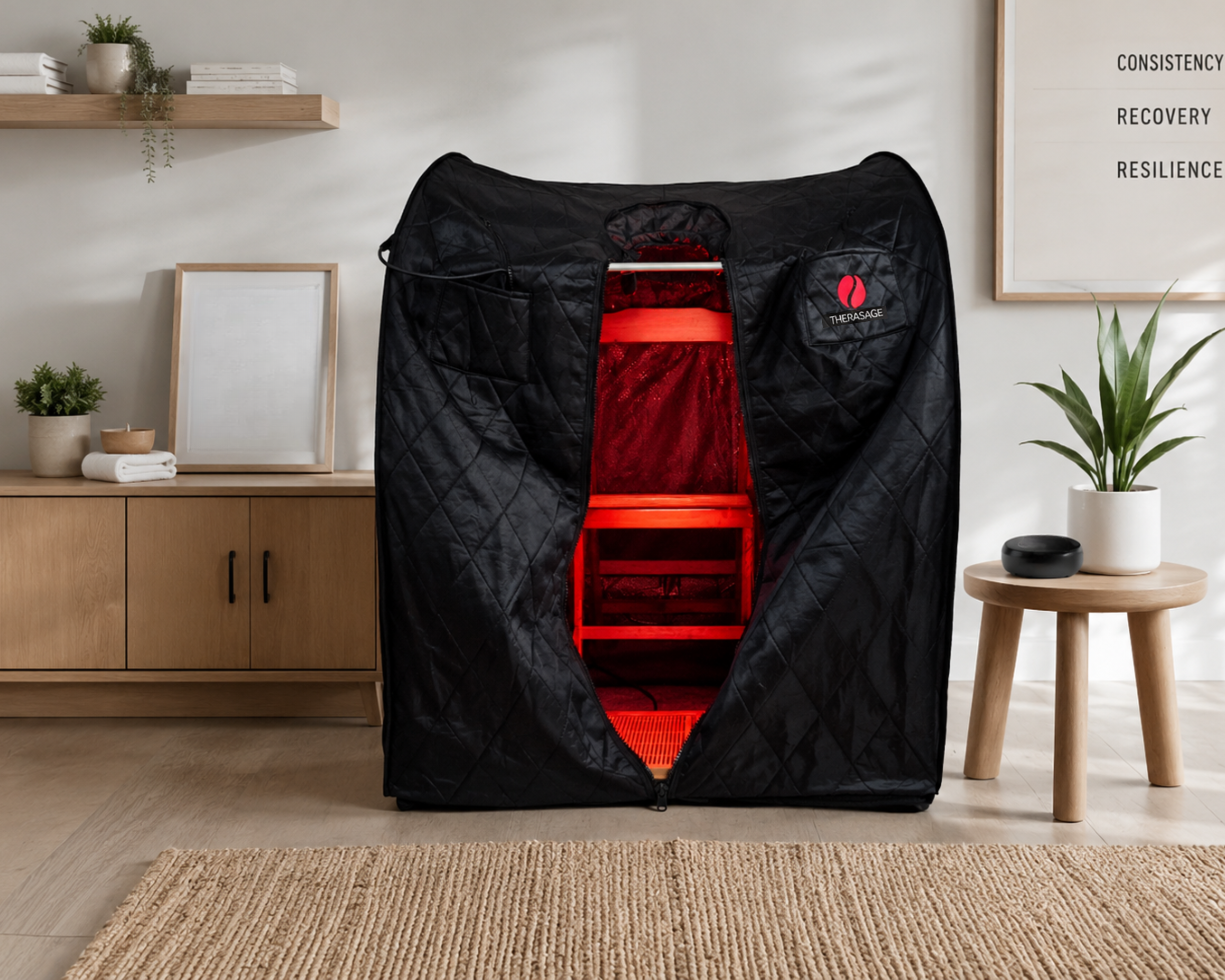 Black infrared sauna with red interior, placed in a modern living space.