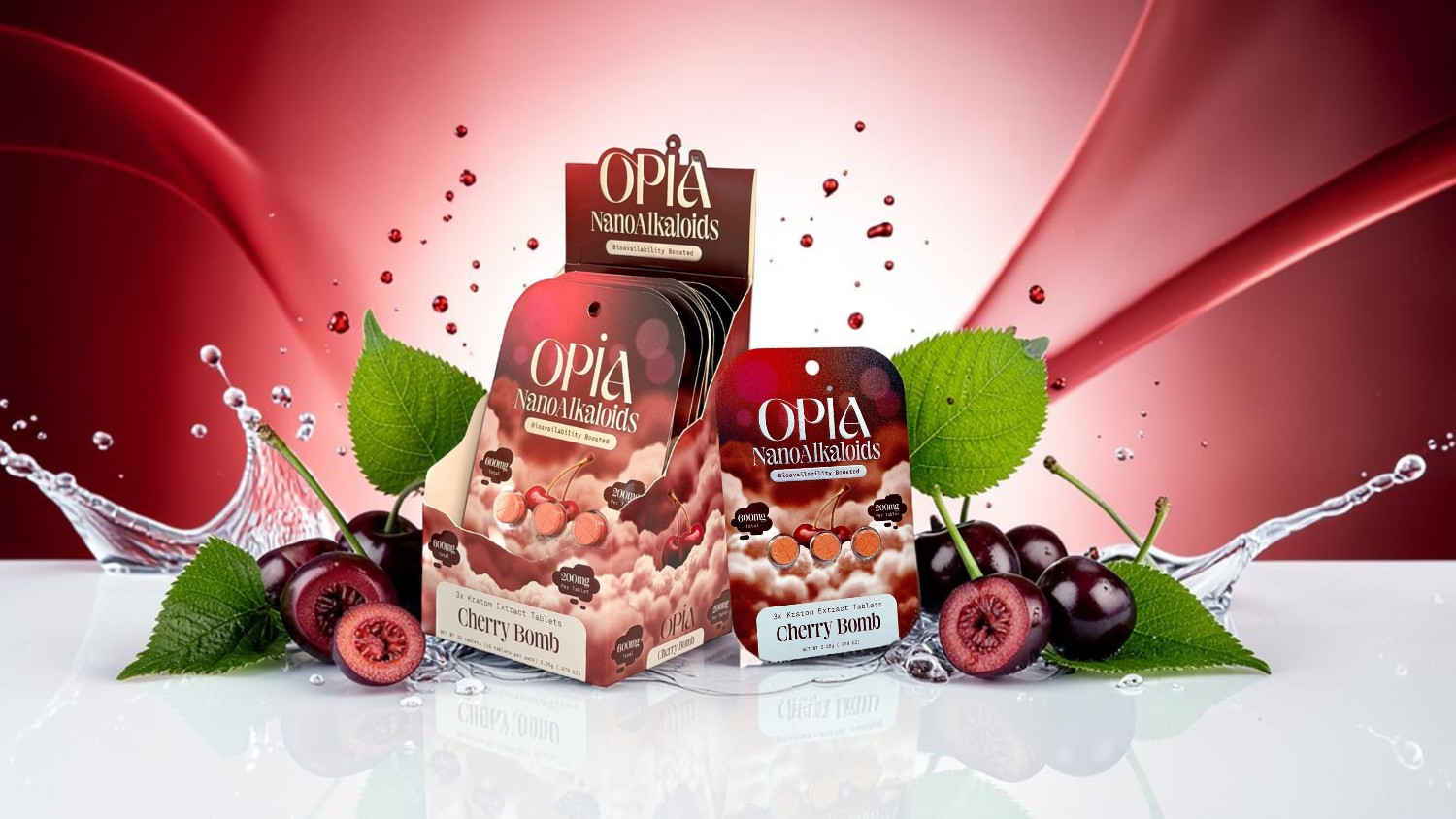 Packaging of cherry-flavored dessert with cherries and green leaves on a red background.