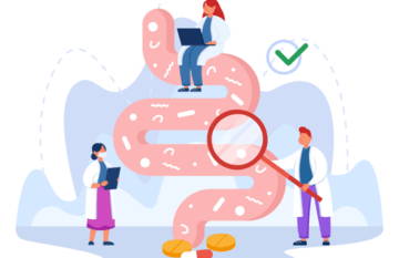 Illustration of healthcare professionals analyzing a digestive system pathway.