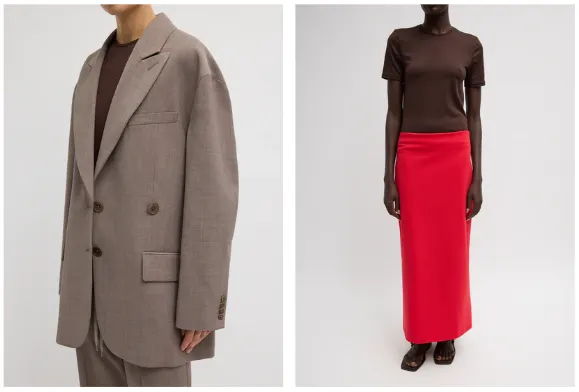 Two fashion outfits: one with a blazer, the other with a brown top and red skirt.