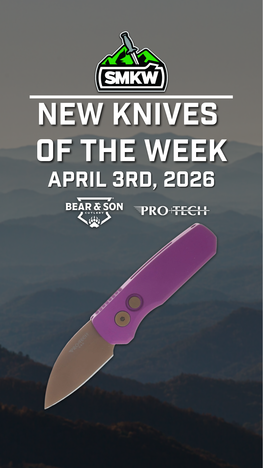 Promotional image for new knives featuring a purple knife design.