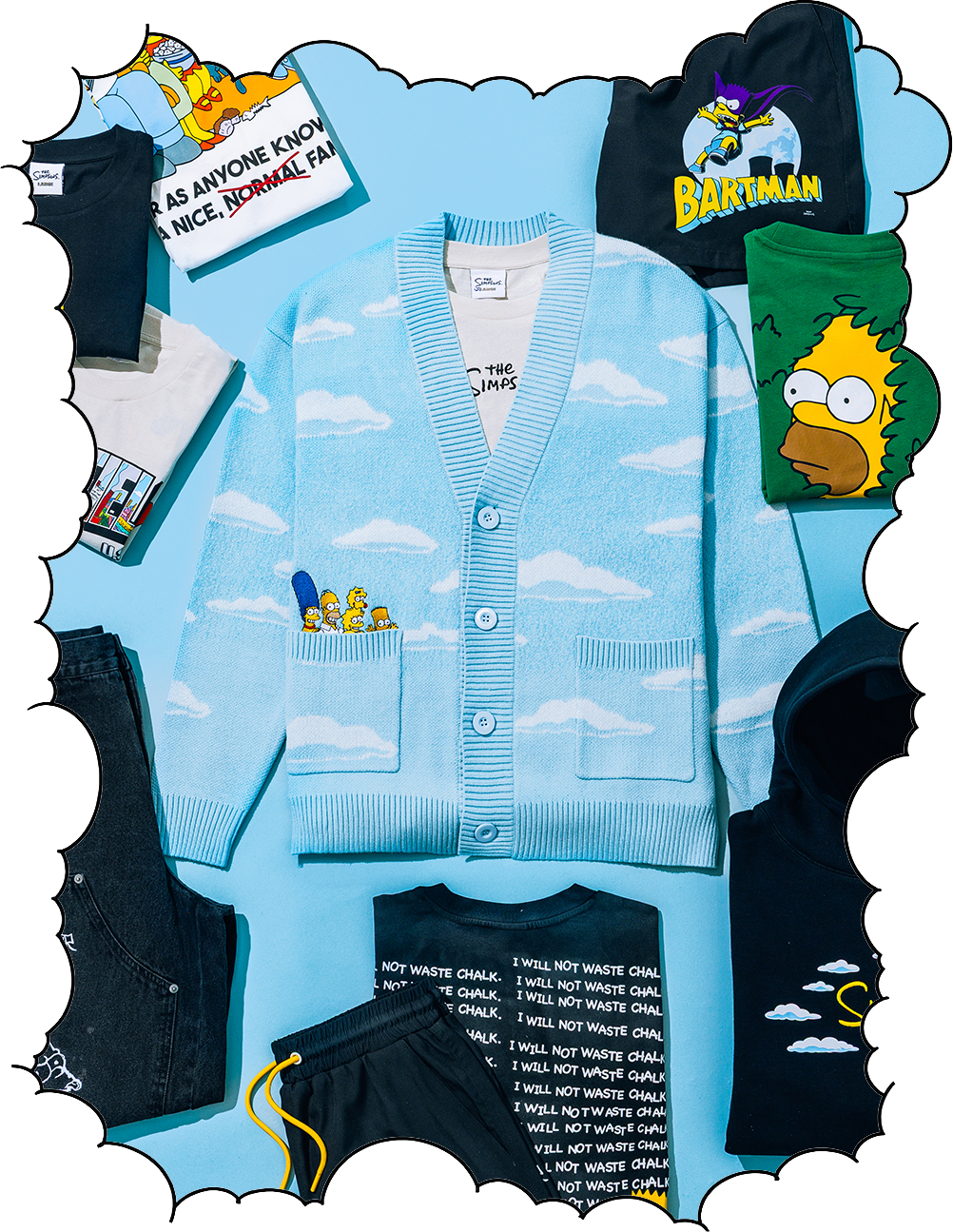 Blue cardigan with clouds, surrounded by various themed clothing items.