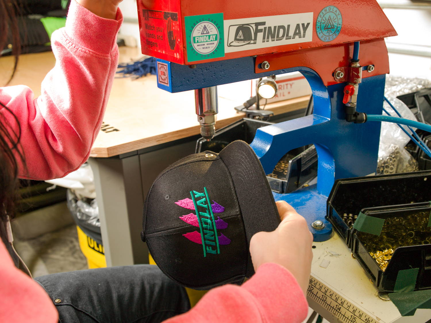 Installing grommets on a Findlay hat.