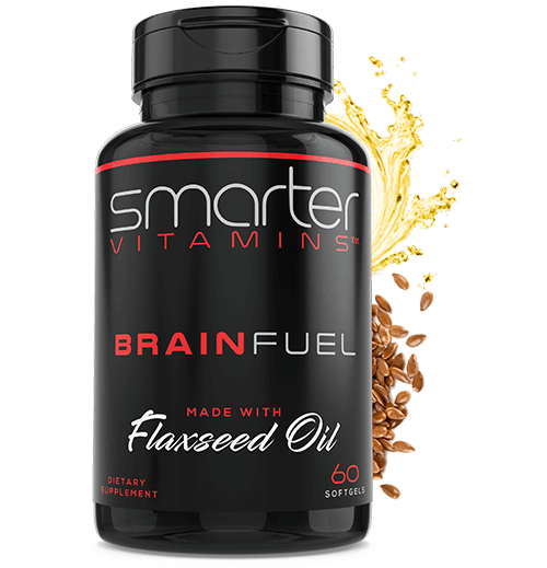 Bottle of Smarter Brain Fuel, made with flaxseed oil.