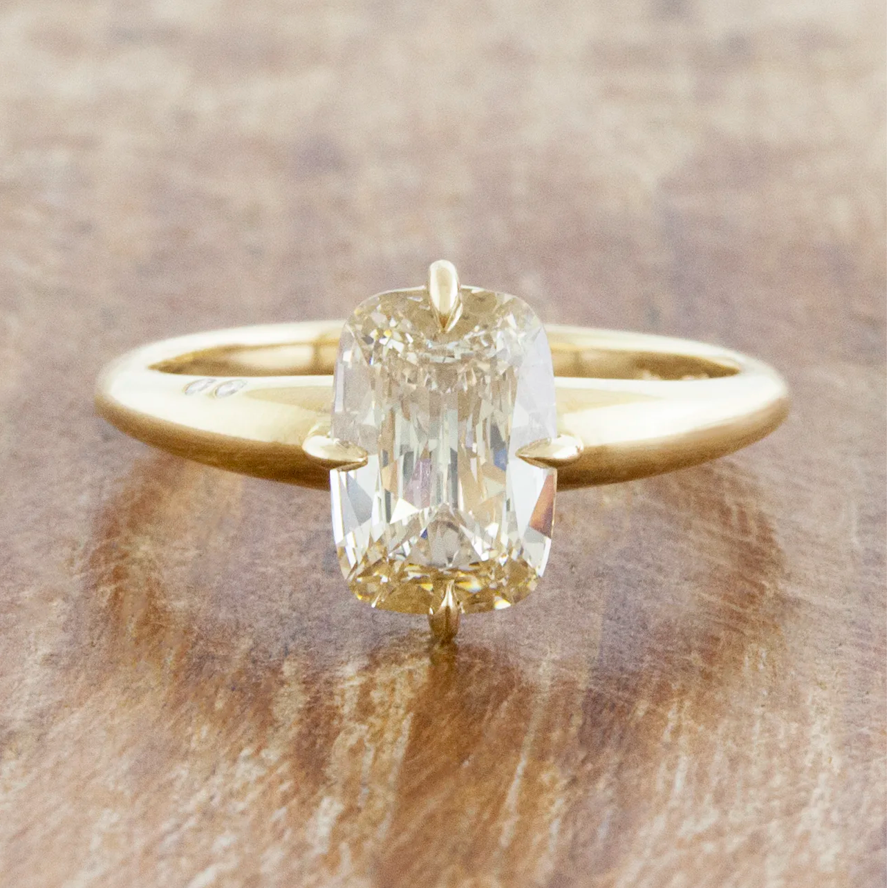 caption:Shown with 1.5ct champagne Old Mine Cut in 14k yellow gold 