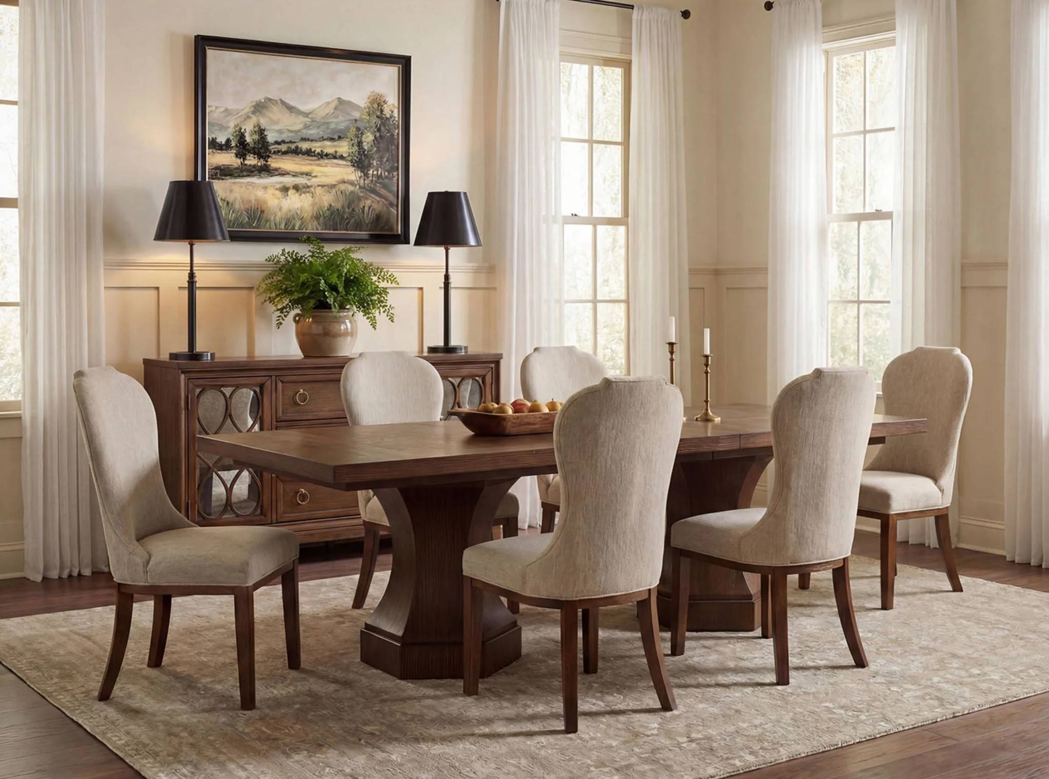 A cozy dining room with a wooden table and upholstered chairs.