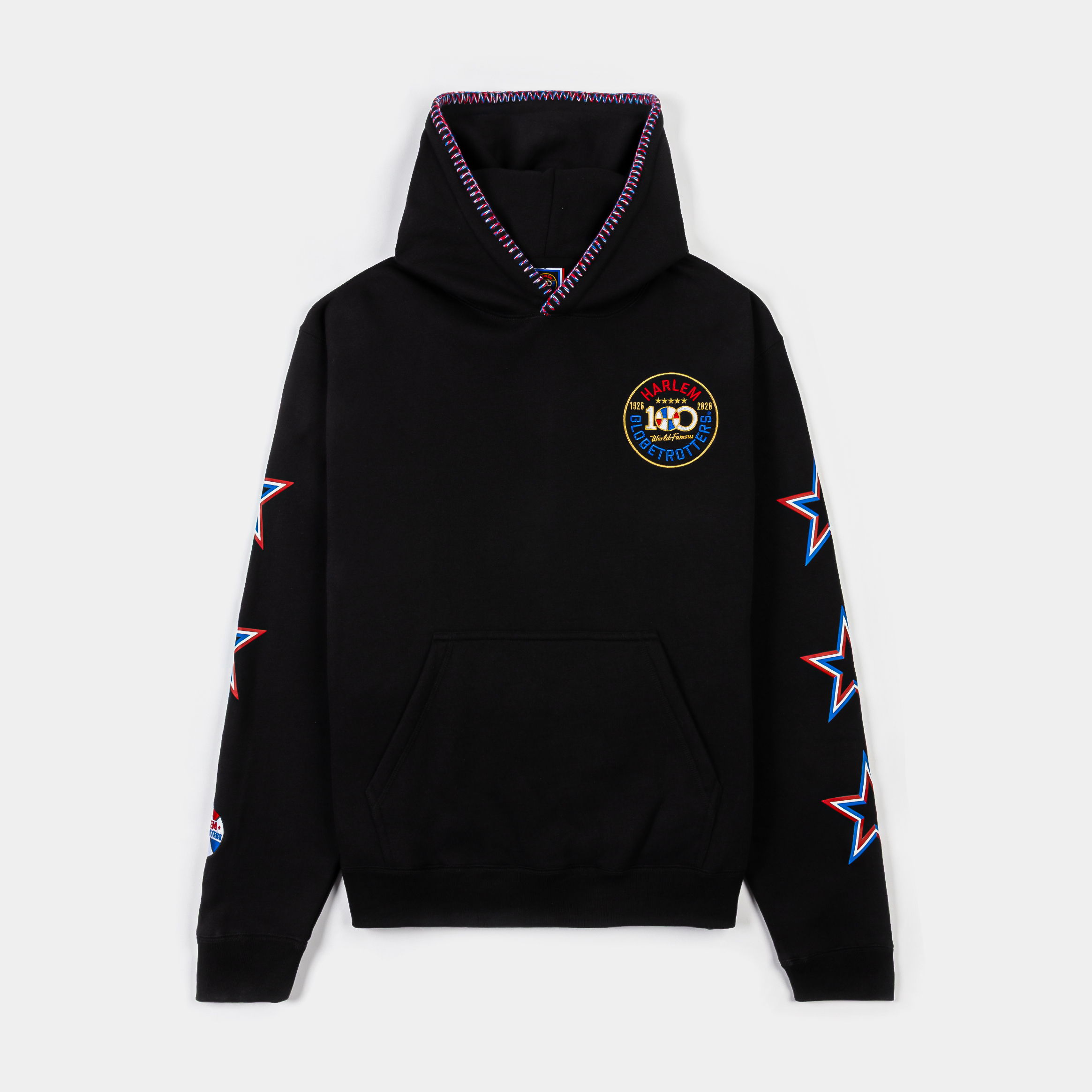 Black hoodie with colorful star designs and a circular logo.