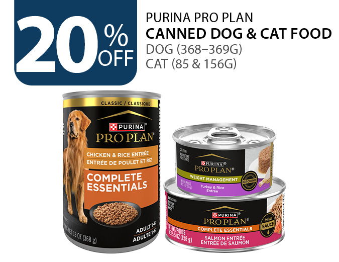 20% off Purina Pro Plan canned dog (368–369g) and cat (85 & 156g) food