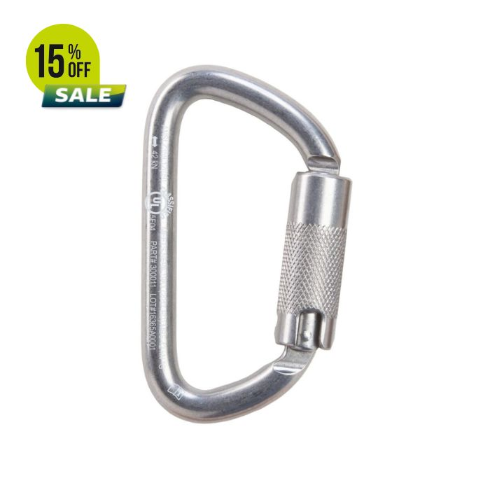 Silver carabiner with a screw lock, featuring a 15% off sale banner.