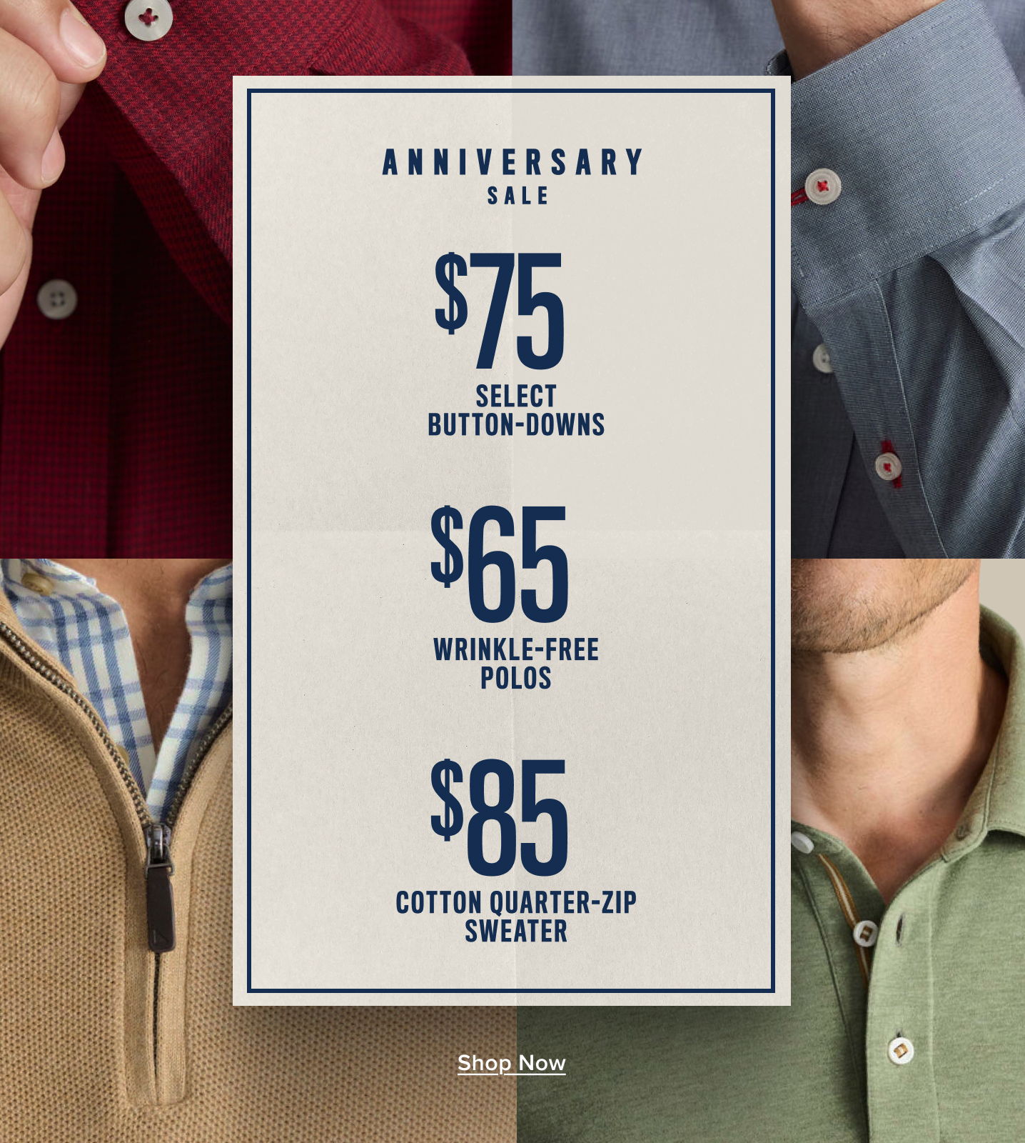Anniversary sale prices for select clothing items and styles.