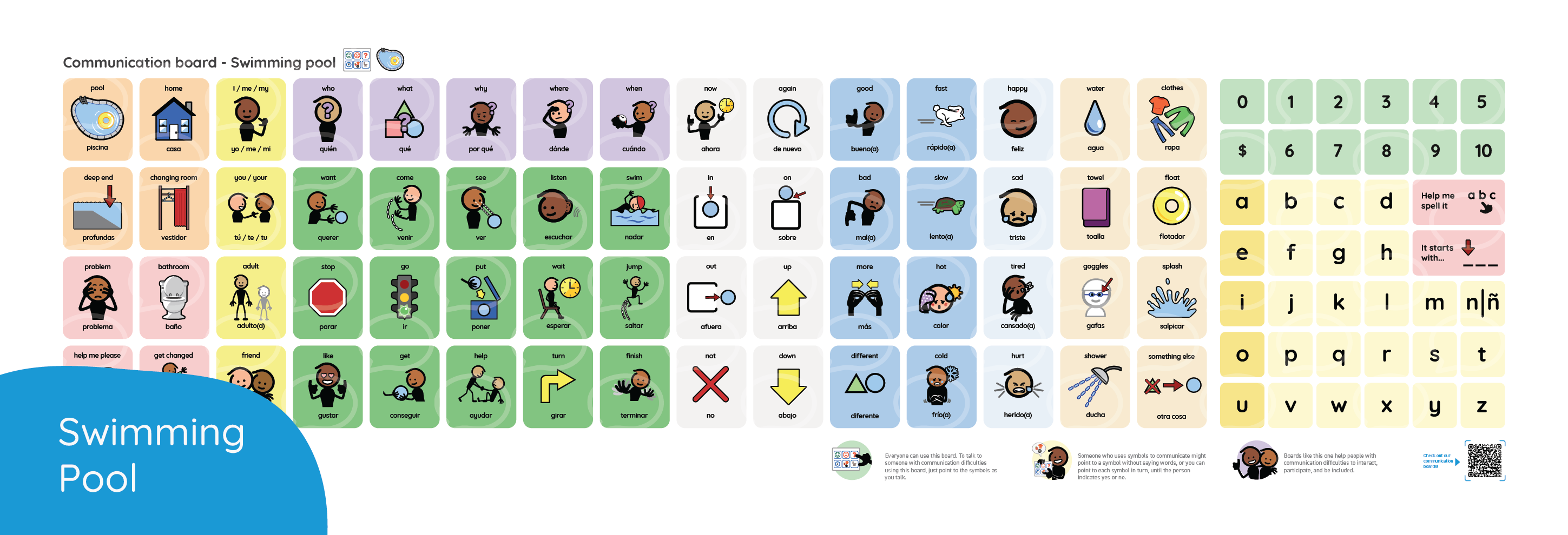 Grid of symbols related to swimming pool activities and safety.