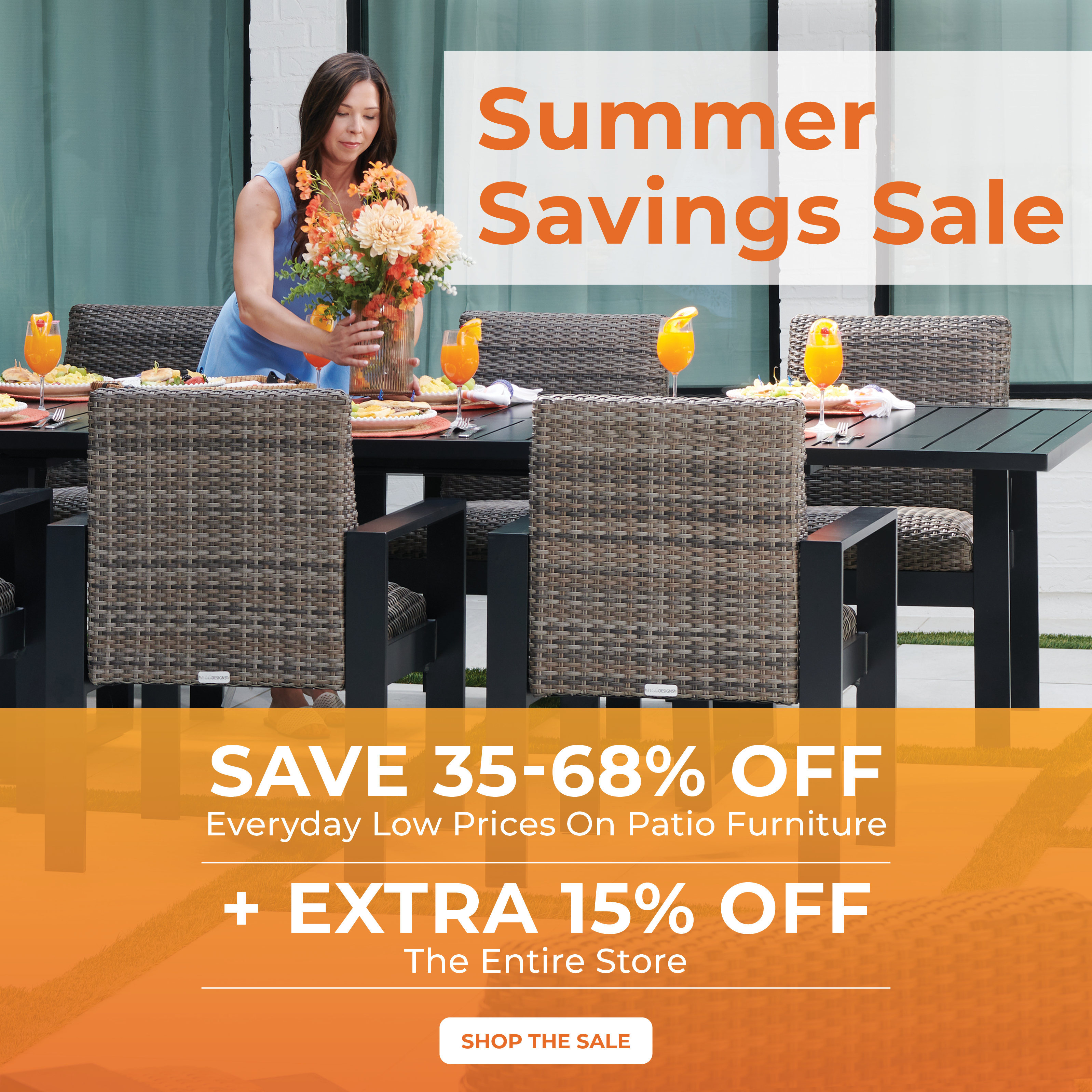 Woman arranging flowers on a patio table for a summer sale advertisement.