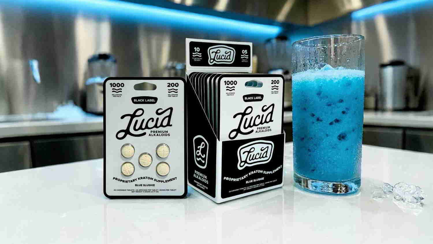 Lucia products with a blue drink on a countertop.