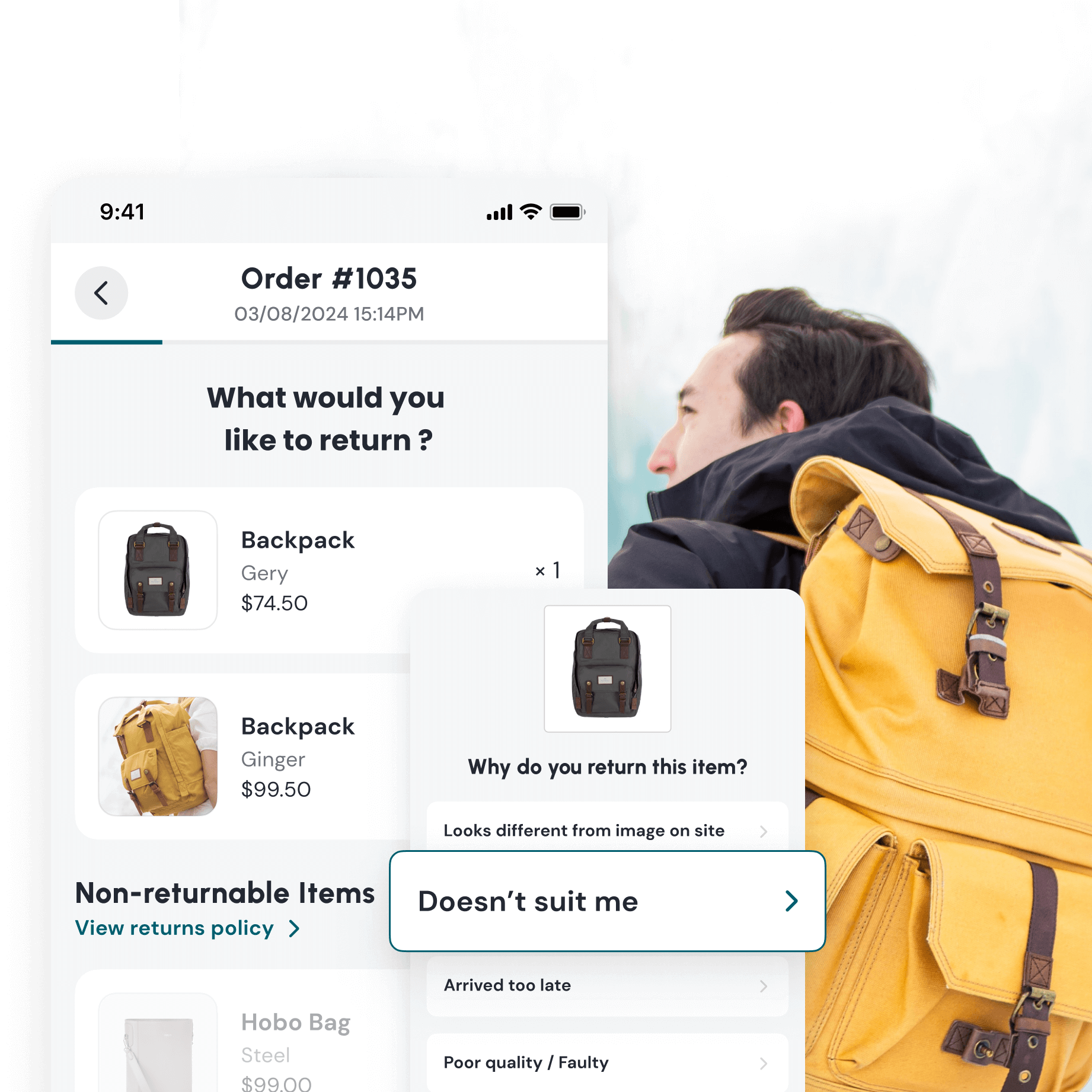 Person with a yellow backpack interacting with a mobile app interface.