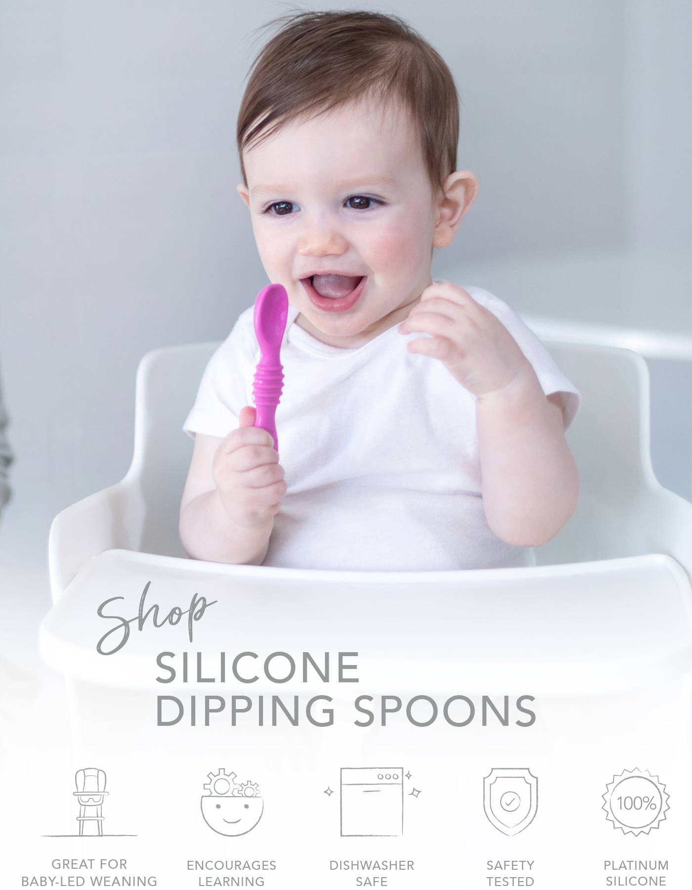 shop silicone dipping spoons, great for baby-led weaning, encourages learning, dishwasher safe, safety tested, platinum silicone