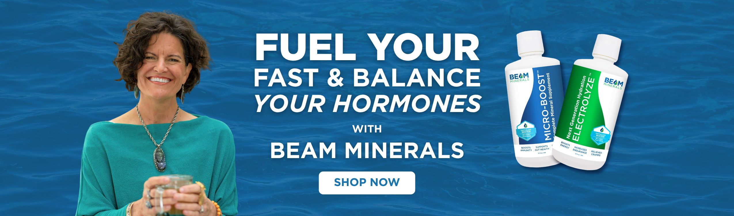 Woman holding a drink, promoting Beam Minerals on a blue background.