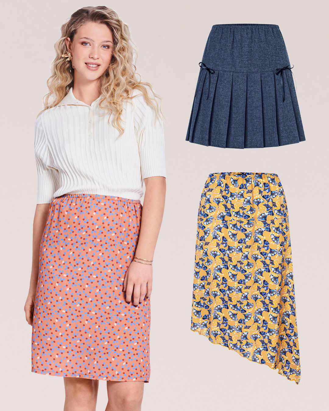 A woman wearing a floral skirt with two additional skirt styles above her.
