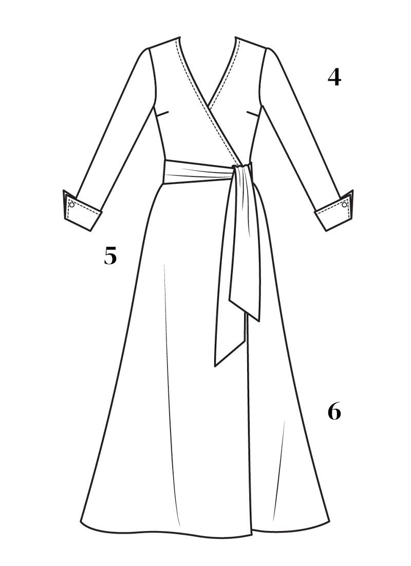 Misses' Wrap Dress by Diane von Furstenberg | V2000 | Technical drawing showing dress details