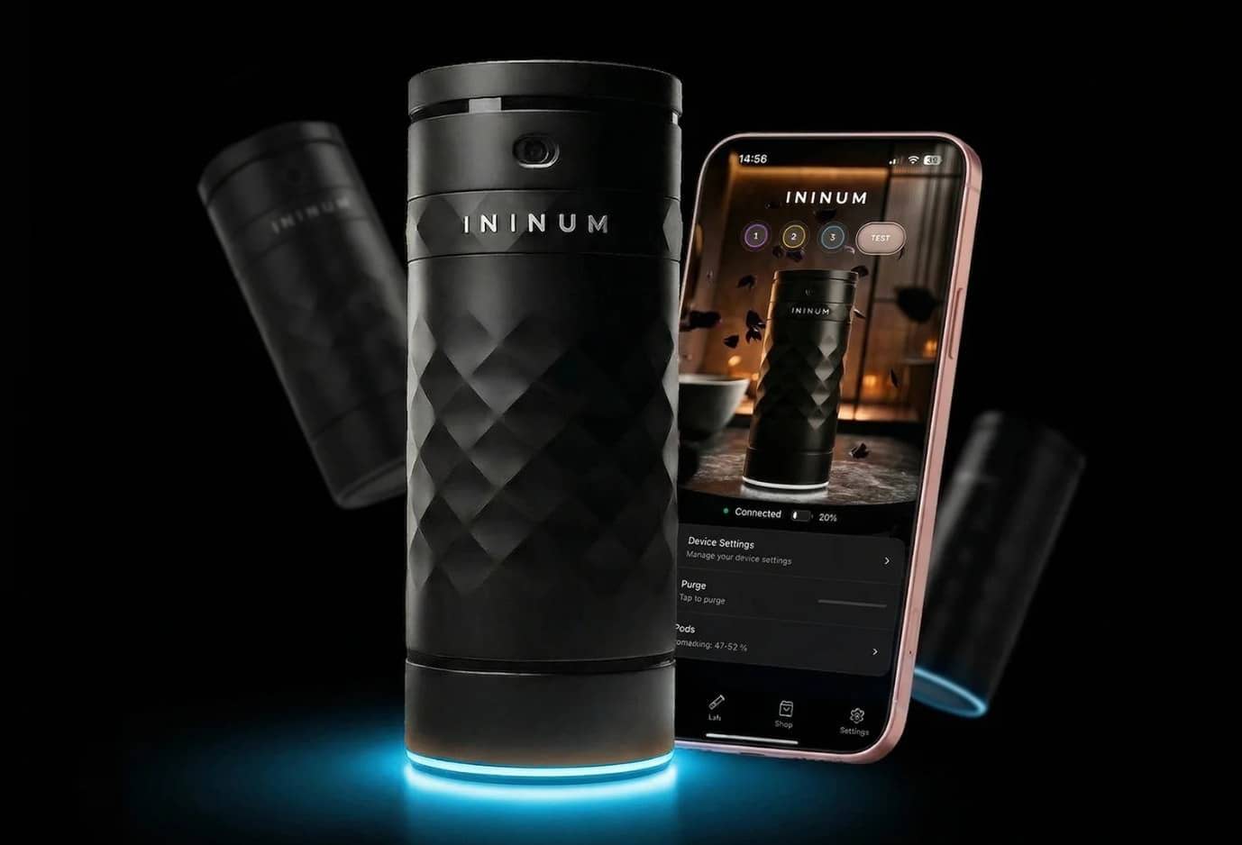 Smart speaker with app display, glowing base, and geometric design.