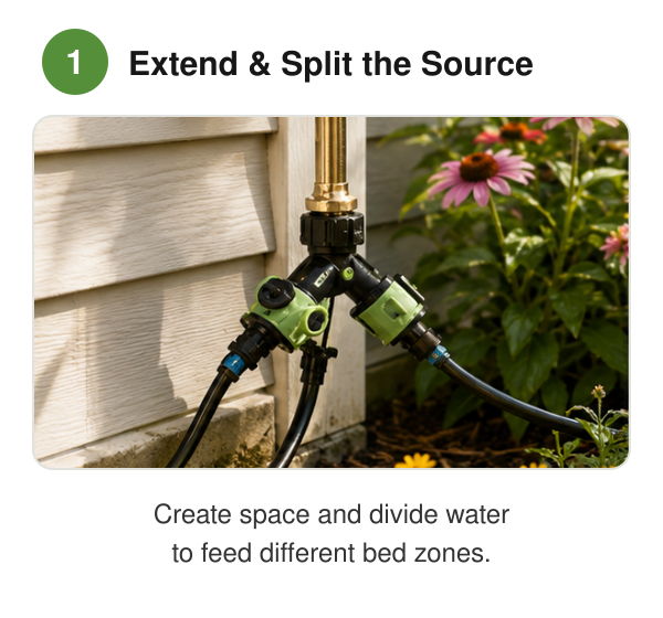 Water splitter installed on a wall, with hoses leading to garden beds.