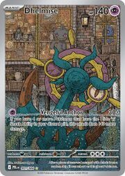 Illustration of Dhelmise Pokémon card with stats and abilities.