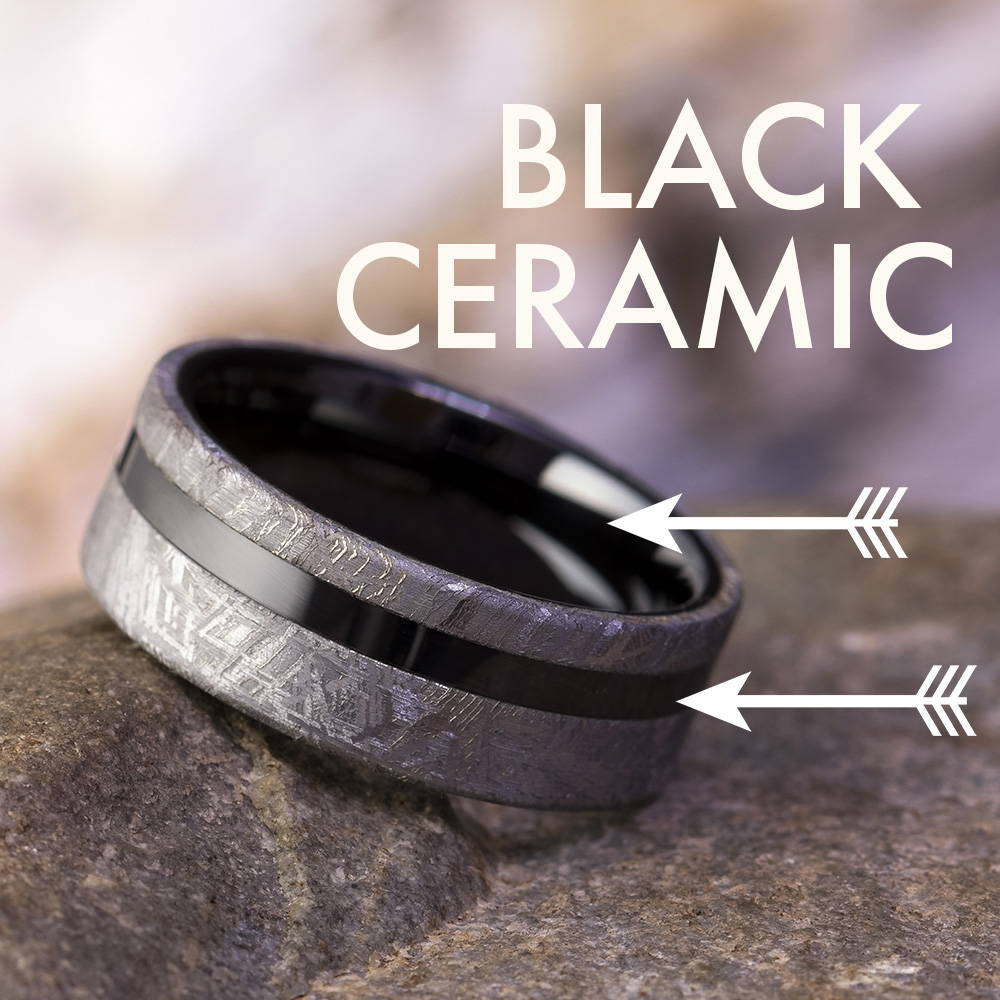 Black ceramic and meteorite wedding band