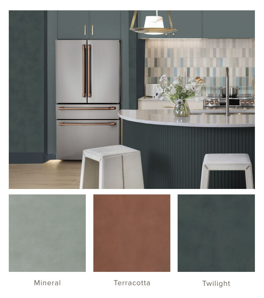 Modern kitchen with color swatches: Mineral, Terracotta, Twilight.