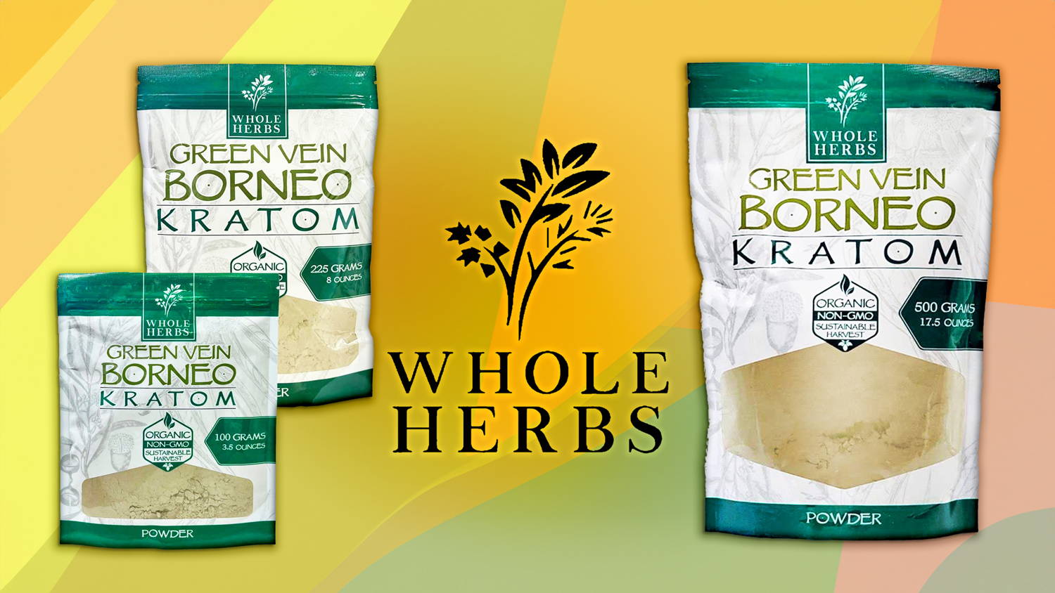 Whole Herbs Green Vein Borneo 3.5, 8, and 17.5 Ounce Powder Banner