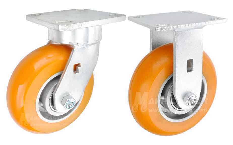 Orange Polyurethane on aluminum plate casters - Heavy duty ball bearings, rust resistant, floor protective, non marking, nsf certified, best for rough floors