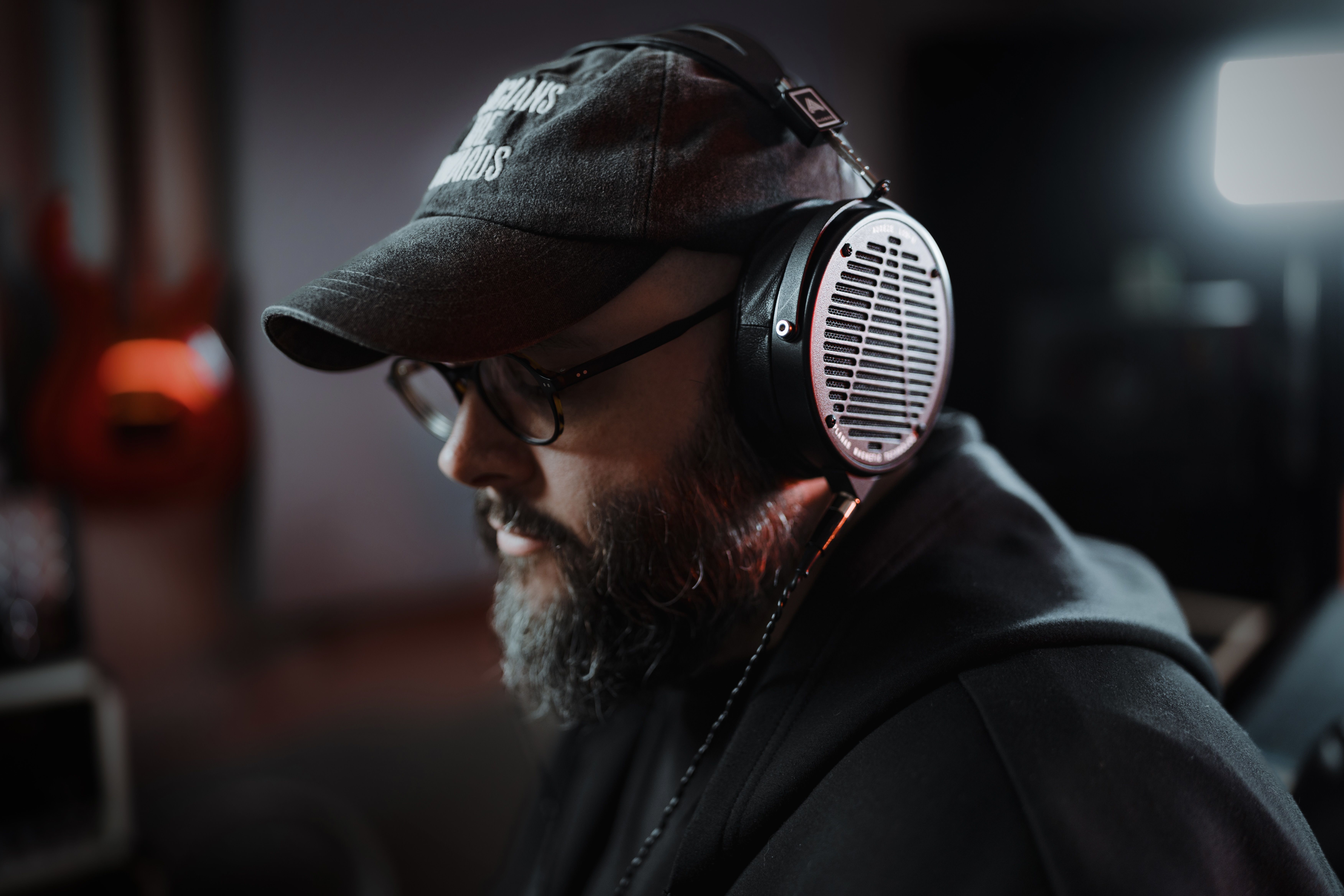 Jesse Zuretti wearing Audeze LCD-X headphones in the studio