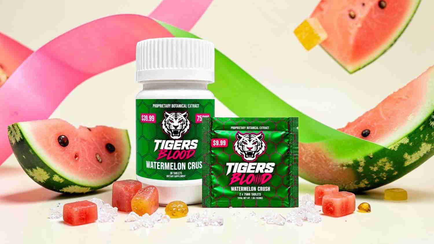 Bottles of gummies next to watermelon slices and colorful candy.