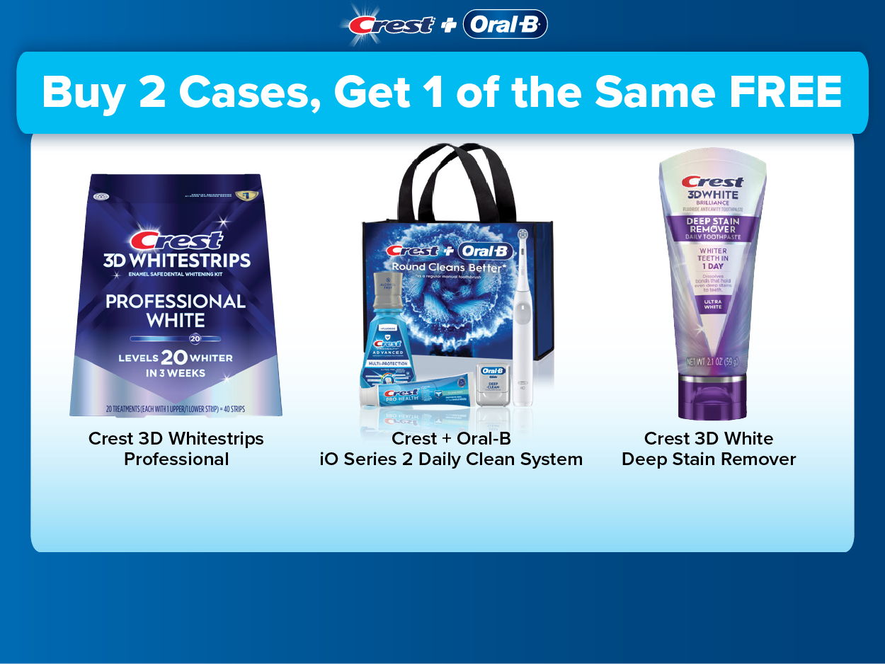 Promotional image for Crest products: buy two cases, get one free.