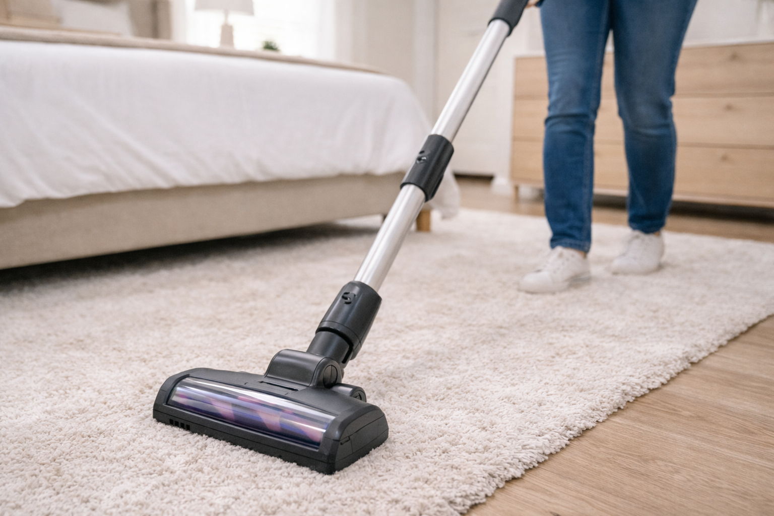 Person vacuuming a carpet near a bed in a bright room.