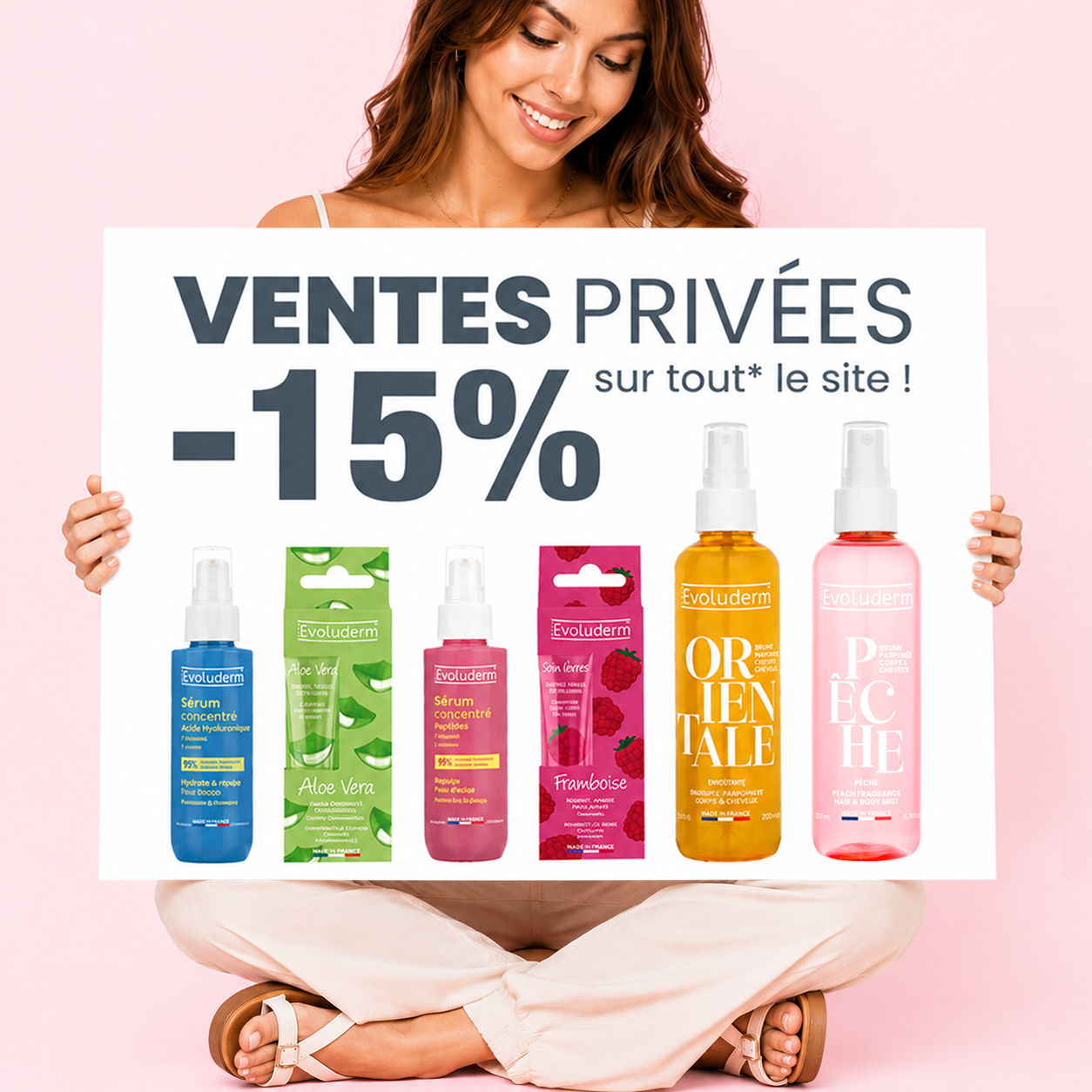 Woman holding a sign advertising a private sale with discount on products.