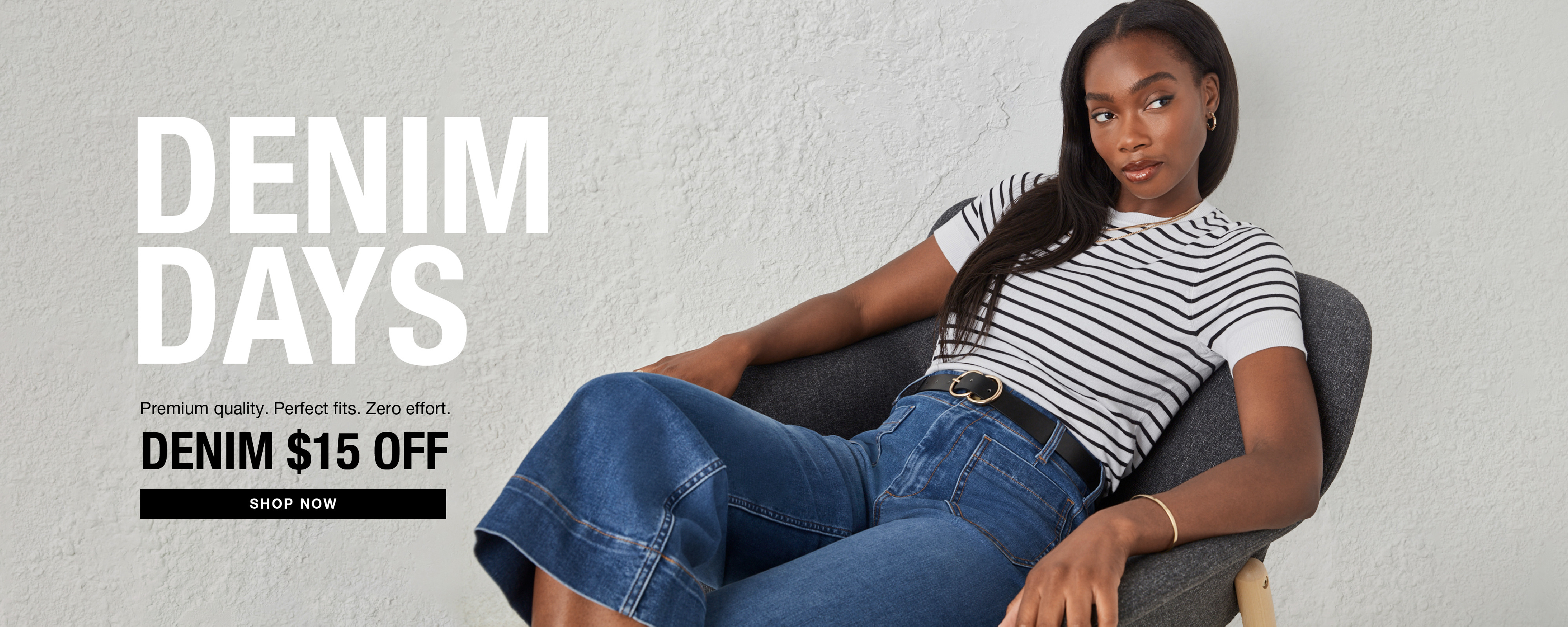 Model sitting in a chair promoting denim sale with text 