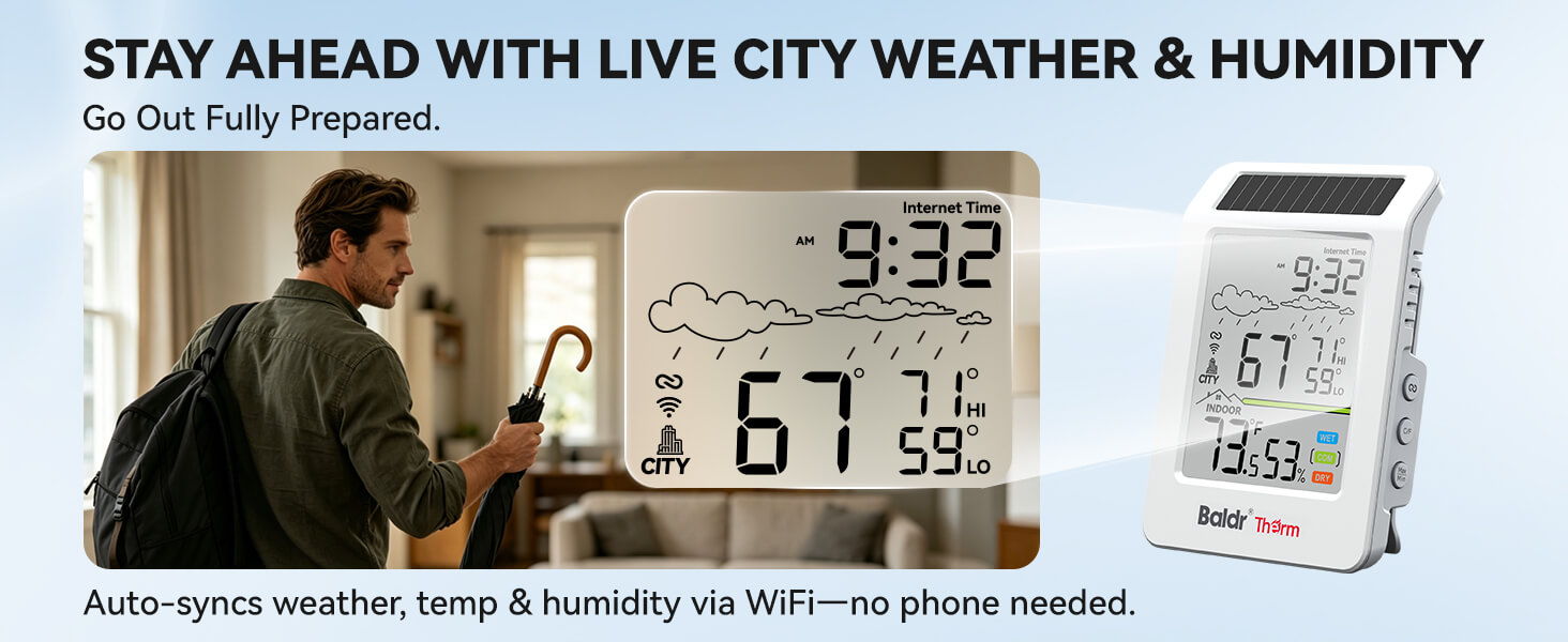 Man checking weather and humidity on a digital display device.