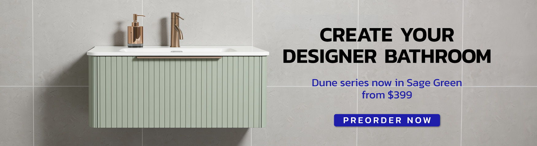 Bathroom design advertisement featuring a stylish sink and toiletries.