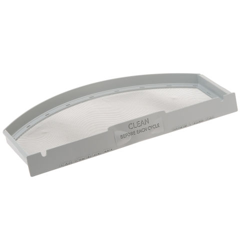 Gray plastic tray with a curved edge and a label.