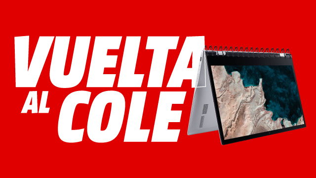 Banner con fondo rojo y texto “Vuelta al cole”, destacando ofertas de tecnología para la vuelta a la rutina.