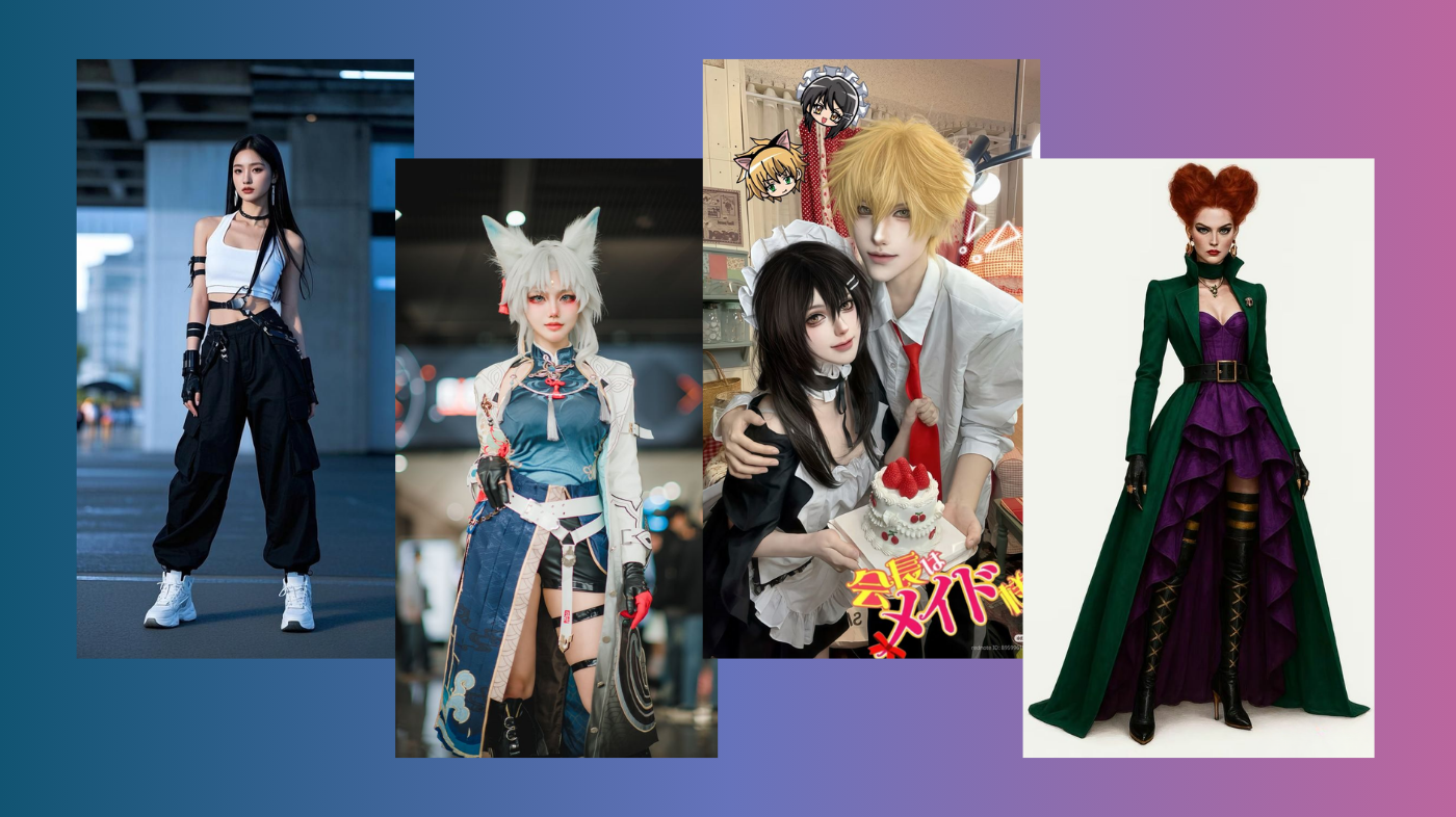Group of different cosplayers showcasing varied anime and game character costumes with detailed accessories, wigs, and makeup styles