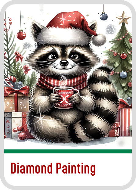 A raccoon wearing a hat and scarf, holding a cup by a Christmas tree. Christmas Diamond Painting Kits