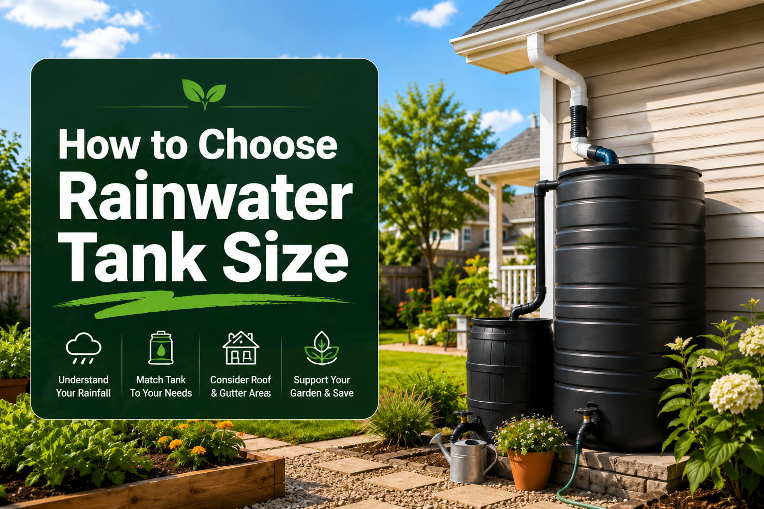 How to choose rainwater tank size with tanks and garden in background.