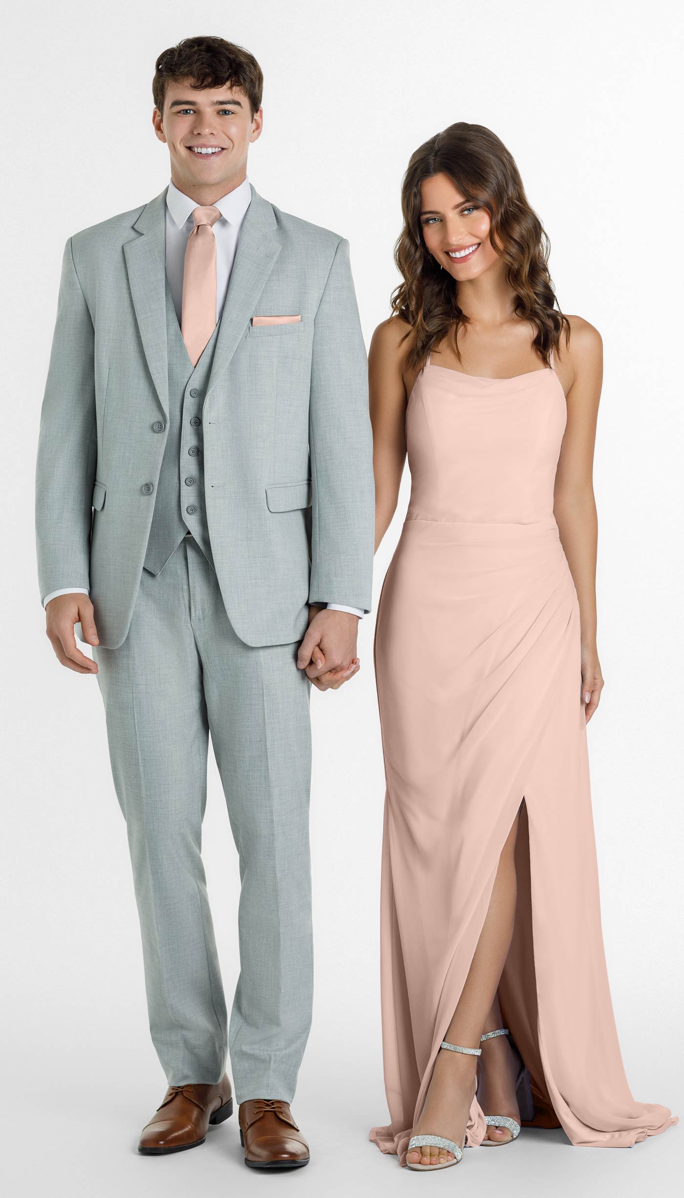 light grey suit with blush bridesmaids dress