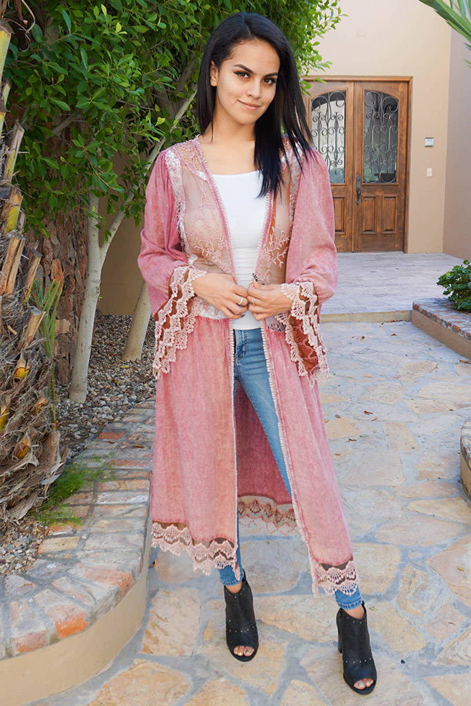 Think Of Me Mauve Pink Lace Midi Duster Cardigan