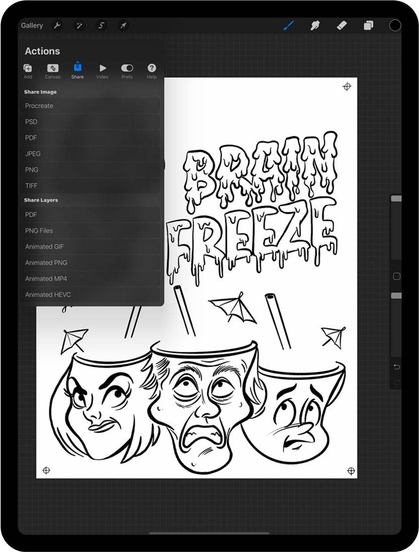 Black ink drawing layer in Procreate with Actions panel open and Share options selected on iPad