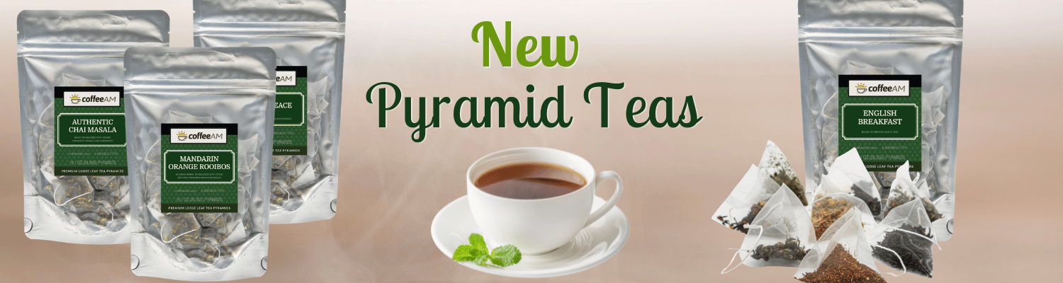 Tea packaging with a cup of tea and mint leaves on a beige background, featuring 'New Pyramid Teas' text.