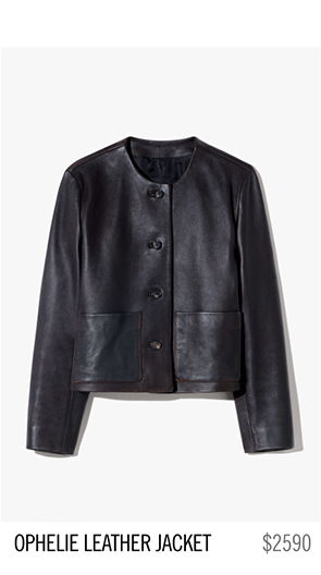 Black leather jacket with buttons, labeled 